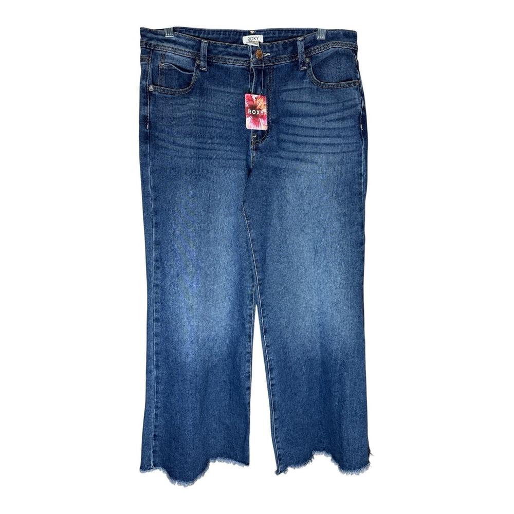 New! Roxy Sz 9 High Rise Wide Leg Jeans Hippie Flare Skater Raw Hem Stretch